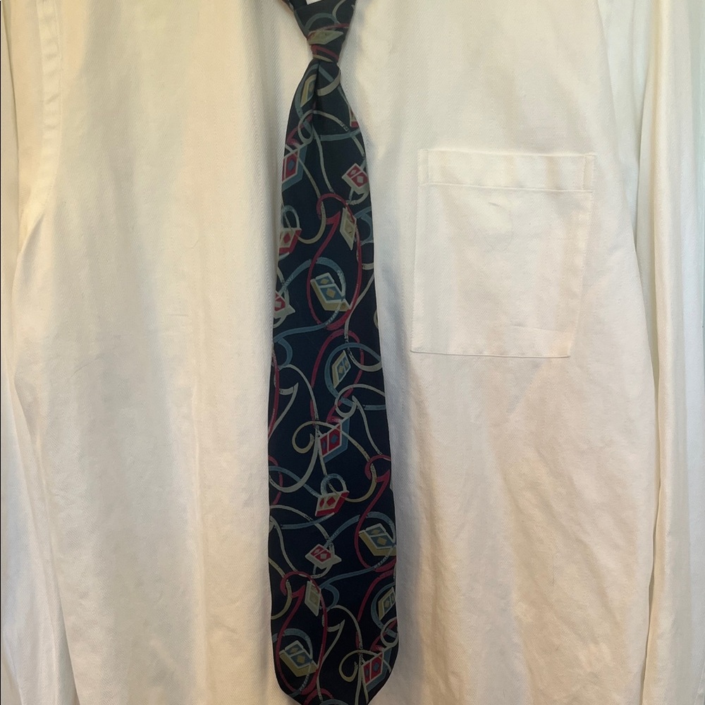 Men's Patterned Navy Tie with Red and Teal Accents